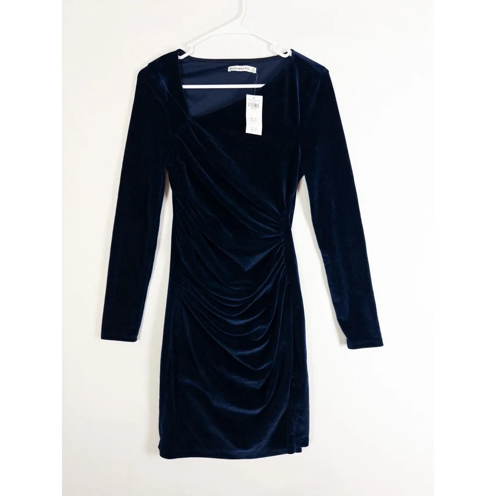 NWT Abercrombie and Fitch Dress Womens‎ SP Blue Velvet Ruffle Knee Solid